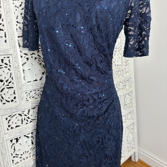 Decode 1.8 Navy Blue Lace Ruched Sequin Fairycore Flowy Long Formal Gown Sz 10 - Picture 3 of 7